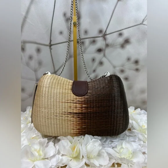 Vintage Le Sac Straw Round Hard Case Purse With Chain Handle NEW - Picture 4 of 9